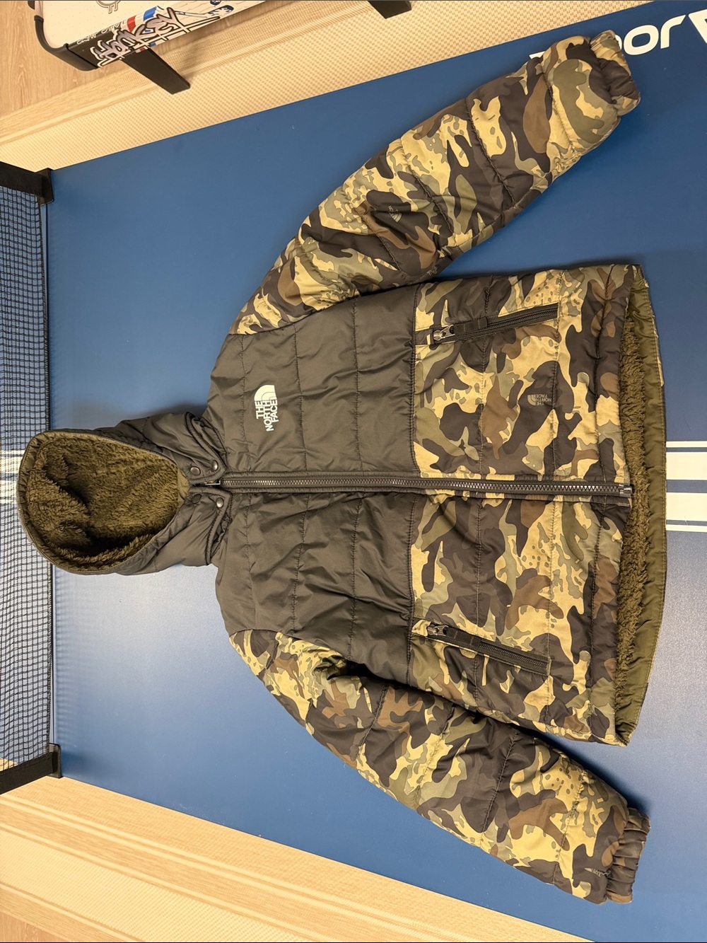 The North Face Kids Olive & Brown Camo Hooded Puffer Jacket REVERSIBLE